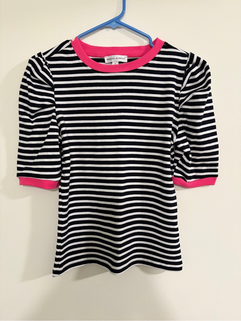 Rebecca Minkoff Black & White Striped Tee with Hot Pink Trim